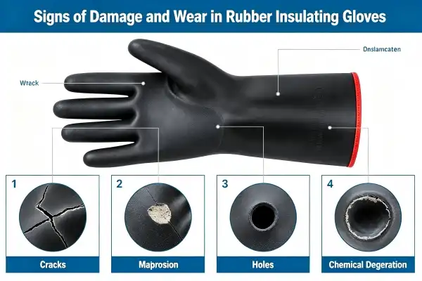 Signs of damage and wear in rubber insulating gloves